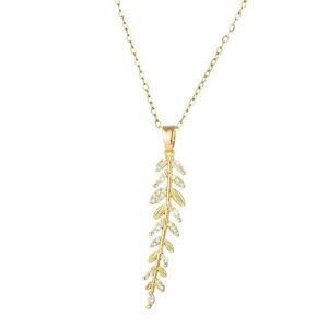 18K Gold Plated Women's Leaf Cubic Zirconia Pendant Necklace Waterproof